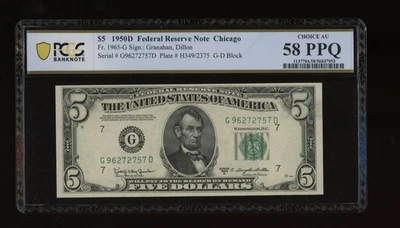 DBR 1950-D $5 FRN Chicago Fr. 1965-G PCGS-B 58 PPQ Serial G96272757D - Image 1 of 2