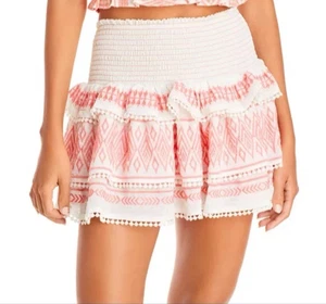 Ramy Brook Paros Embroidered Ruffled Smocked Skirt Pink & White Sz Medium - Picture 1 of 6