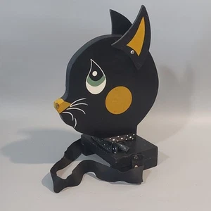 Scultura in legno gatto nero arte popolare vintage decorazione Halloween 11x7 orecchie regolabili - Foto 1 di 7