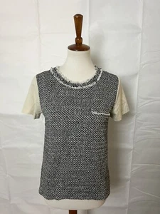 J.crew Womens T-Shirt Ivory Black Textured Round Neck Pullover Tee S - Picture 1 of 8