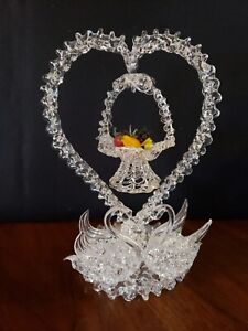 Beautiful Swans and Fruit Basket Glass Wedding Cake Topper Hand Blown Heart