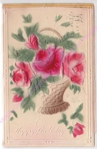 Cpa Gaufree Embossed Happy Birthday Joyeux Anniversario Panier Fiori Ca1911 - Picture 1 of 2