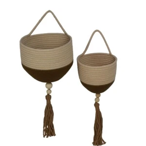 CESTO PORTA VASO PENSILE 2PZ SHABBY piante CUCINA BAGNO SALOTTO bianco marrone - Foto 1 di 1
