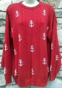 Suéter Lord & Taylor Para Hombre Mujer L Rojo Anclajes Náuticos Tejido con Cable Cuello Redondo - Imagen 1 de 5