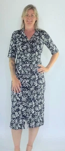 HOBBS Dress Hatty Short Slv Jersey Full Button V Neck Midi Navy&Wht (A430)RRP£99 - Picture 1 of 16