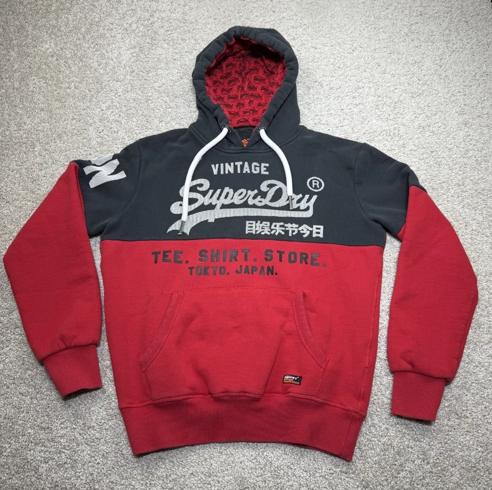 SUPERDRY Sudadera con Capucha Para Hombre Talla Mediana Rojo Color Bloque Algodón Cordones Suéter Foto 1 de 4