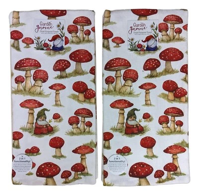 Set of 2 GARDEN GNOME Mushrooms Terry Kitchen Towels by Kay Dee Designs