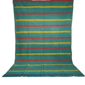 Vibrant Handmade Moroccan Green Rug Red Gold Stripes Fringe Wool Berber Carpet - Picture 1 of 24