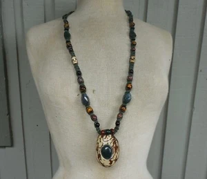 Bloodstone Tagua Pipe Hemp Necklace Tigers Eye Jasper Onyx Beads Adjustable OOAK - Picture 1 of 11