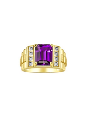 RYLOS Men's Yellow Gold Plated Ring, Emerald Cut Gemstone & Diamonds, Sizes 8-13 - Image 1 of 4
