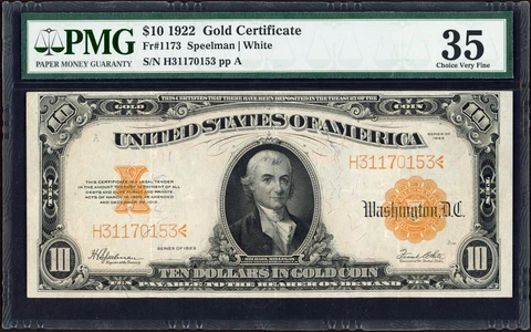 1922 $10 Ten Dollar Michael Hillegas Gold Certificate Note Fr#1173 PMG VF 35 Cover