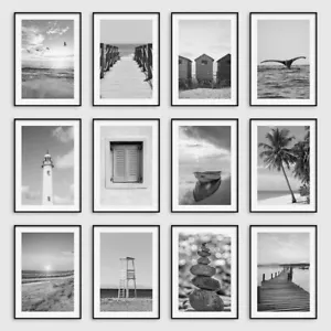 Black & White Beach Wall Art Prints Sunset Tropical Sea Ocean Posters Pictures - Picture 1 of 16