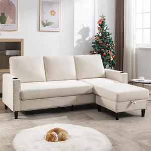 L-Shaped Couch 3 Seats Sofas with Storage Chaise & 2 Cup Holders - Picture 1 of 16