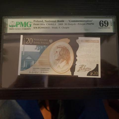 Poland 20 zlotych Fryderic Chopin 2009 - PMG 69 EPQ  Commemorative TOP Cover