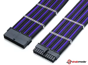 Shakmods 24pin ATX Mobo 30cm Black & Purple Sleeved Extension + 2 Cable Combs - Picture 1 of 8