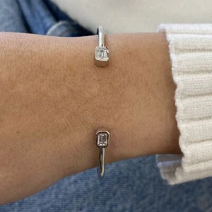 14k White Gold Cuff Bracelet Emerald Lab Created Diamond F/VS 1.04 Ct Bezel - Picture 1 of 8