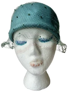Vintage Mid Century Pillbox Silk Hat with Dotted Net Veil Aqua Blue Union Made - Picture 1 of 16