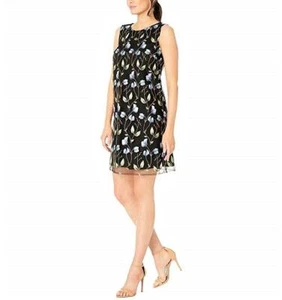 TAHARI Women's Sleeveless Black Shimmery Embroidered Lace Floral Dress Sz 6 - Picture 1 of 4