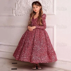 Fashion Sequins V Neck Flower Girls Wedding Kid Pageant Bridesmaid Party Dresses - Picture 1 of 2