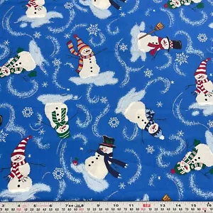 Vintage Fabric Traditions 2002 Glitter Snowmen on Blue Cotton Remnant 17" x 45" - Picture 1 of 2