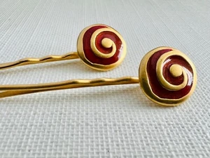 2 Vintage Gold Plated Enamelled Hair Grips Slides Pins Swirl Spiral Oxblood Red - Picture 1 of 8
