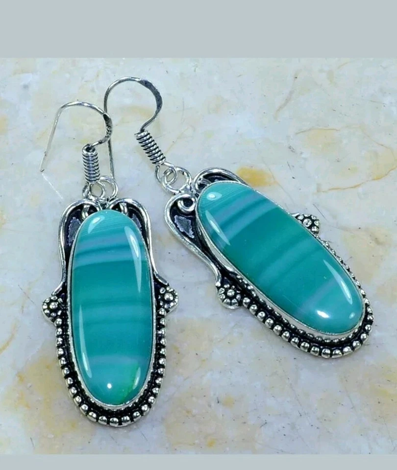  A argento 925 Orecchini agata verde cabochon  - Immagine 1 di 1