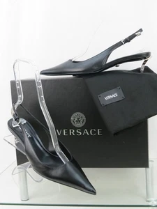 NIB VERSACE BLACK LEATHER SILVER MEDUSA LOGO SANDALS KITTEN HEEL PUMPS 41 US 11 - Picture 1 of 12