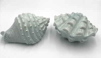 Ceramic Conch & Clam Sea Shell Figurine Distressed Gloss Finish Light Teal - Image 1 of 4