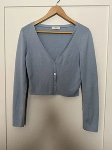 Babaton Cardigan Sweater Women Sz M Blue Knit Wool Blend Long Sleeve V Neck Crop - Picture 1 of 11