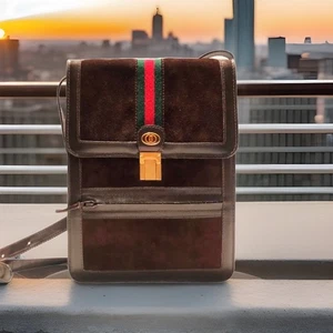 Vintage Gucci Ophedia Stripes Brown Suede Leather Messenger Crossbody Bag - Picture 1 of 22