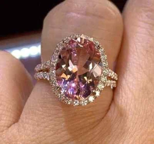 4Ctw Oval Lab Created Morganite Halo Engagement Ring 14K Rose Gold Plated Silver - Picture 1 of 7