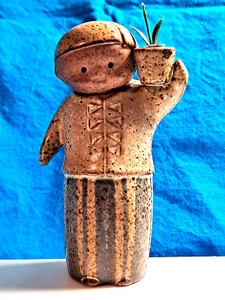 Vintage UCTCI Japanese Stoneware Pottery Boy Holding Plant in Pot 5" Figurine - Picture 1 of 12