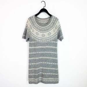 M&S Indigo Grey White Fair Isle Short Sleeve Fine Knit A-Line Dress - Size 14 - Picture 1 of 21