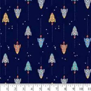 Spaceships Navy Flannel Fabric - Picture 1 of 3