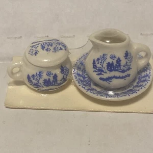 Collectible Miniature Tea Set Blue Floral Print 4 Place Setting. No Cracks. - Picture 1 of 6