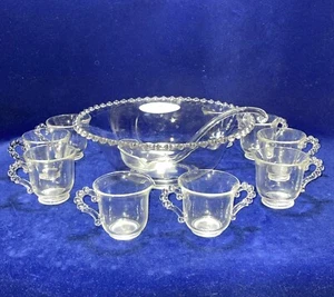 EUC RARE VINTAGE IMPERIAL CANDLEWICK SUGAR CREAMER PUNCH BOWL SET 7 CUPS LADLE - Picture 1 of 10