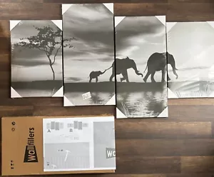 Afrikanischer Elefant schwarz & weiß Holz gerahmt Leinwand Wandbild 4 Stck. Bild 48 x 24" - Bild 1 von 3