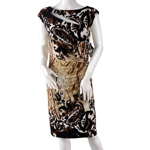 RM Richards Vintage Cut Out Brown Abstract Cap Sleeve Sheath Dress 8 Petite - Picture 1 of 8