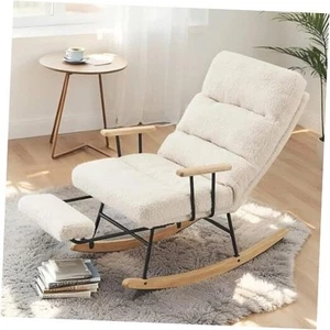 Nursery Rocking Chair, Teddy Fabric Upholstered Glider Rocker with Adjustable - Picture 1 of 8