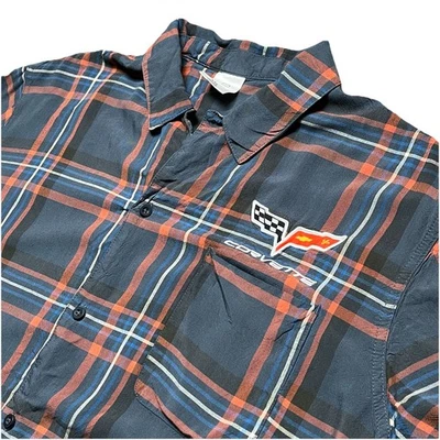 Camisa GM Corvette a Cuadros para Hombres 2XL Abotonada Azul Naranja Logo Bordado Foto 1 de 4