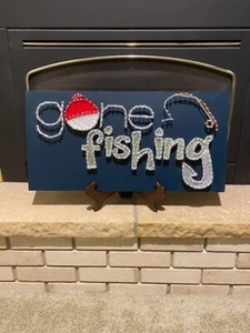 Original String Art Gone Fishing On Wood 24x12 - Picture 1 of 1