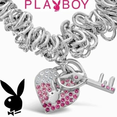 Playboy Bracelet Bunny Logo Heart Lock and Key Charm Swarovski Crystal Play Boy - Image 1 of 4