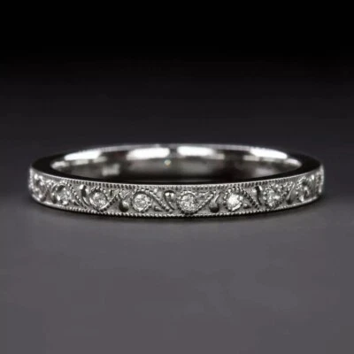 Art Deco Vintage Round Cut Lab Created Diamond Millgrain 925 Silver Wedding Band - Image 1 of 4