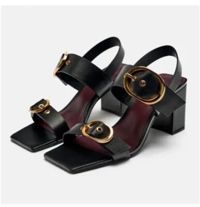 Zara Black Sandals Sz 9 Block Heel Gold Buckle Worn Once Ref:1315/110 - Picture 1 of 7