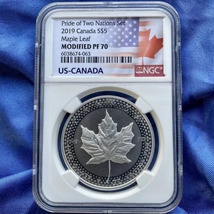 2019 $5 SILVER CANADIAN MODIFIED MAPLE LEAF NGC PF70 PRIDE OF TWO NATIONS - Picture 1 of 4