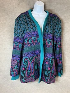 Vintage 90s Sweater Jacket Colorful Paisley Pockets Open Front Teal Pink Purple - Picture 1 of 17