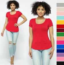 Women's Basic T-Shirt Stretch Knit Scoop Neck Short Sleeve Round Hem Top Solids