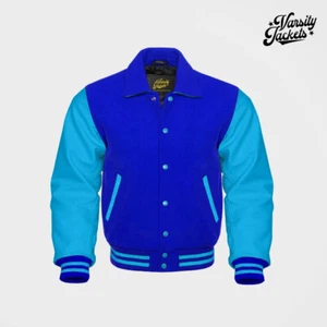 Royel Blue body Sky Blue Sleeves Pro Varsity Jacket Letterman Baseball College - Picture 1 of 5