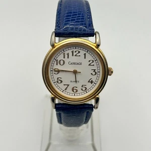 Carriage Gold Tone Blue Leather Women’s Quartz Watch Working New Battery - Picture 1 of 8