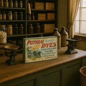 Vtg Putnam Fadeless Dyes Store Display Wood Cabinet Monroe Drug Co "Rough Shape" - Picture 1 of 15
